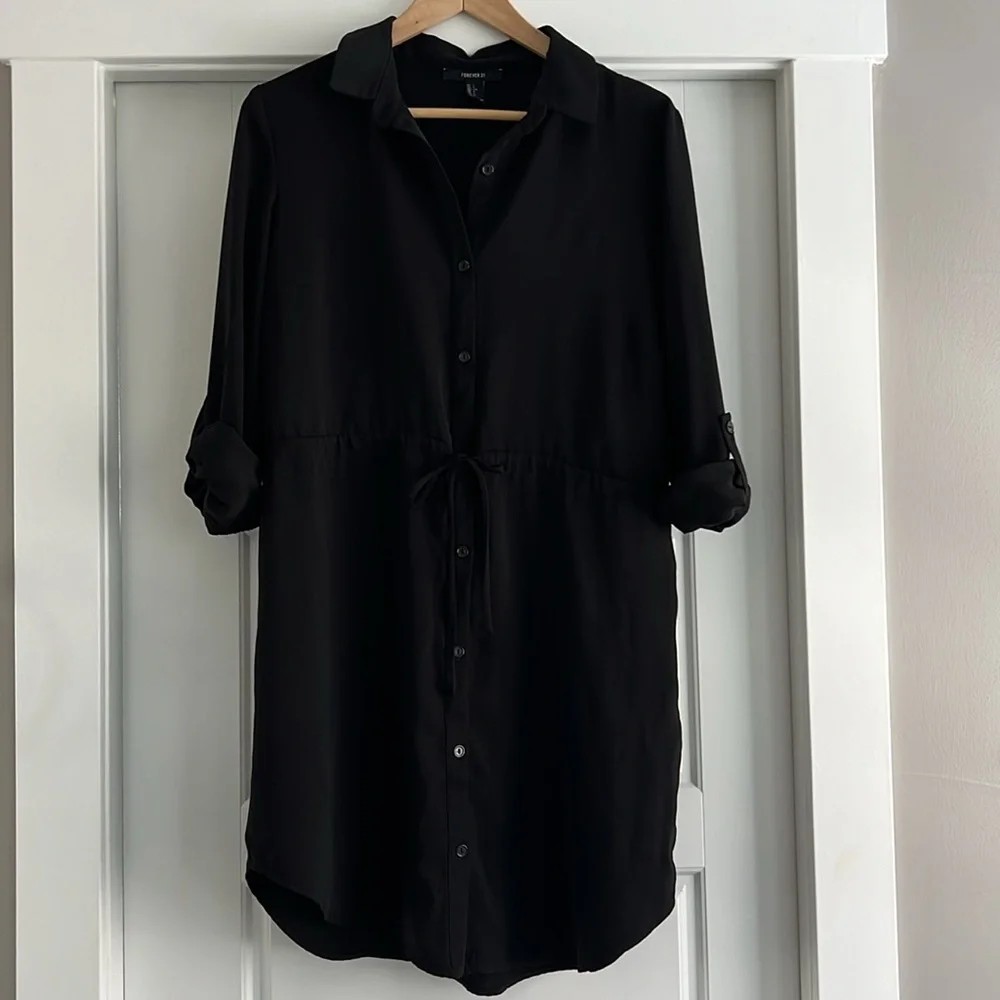 Forever 21 dress black button down dress with tie waist - Picture 7 of 7
